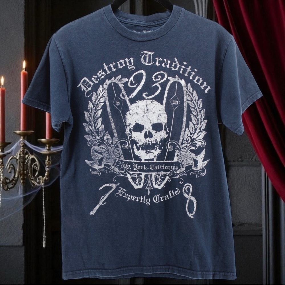 Y2K Vintage “Destroy Tradition” Grey Skull Rocker Grunge Tee Men’s‎ S